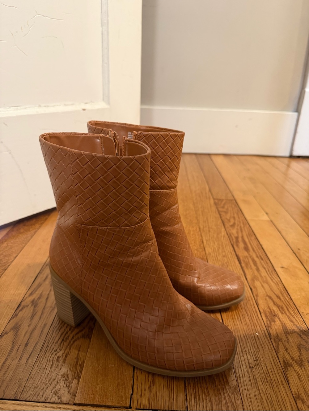 Target Tan Woven Leather Block Heel Ankle Boots